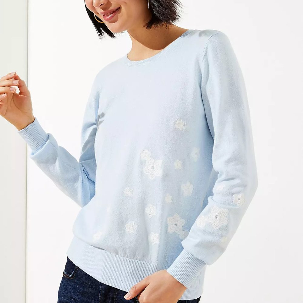 Loft Placed Floral Sweater Light Blue M